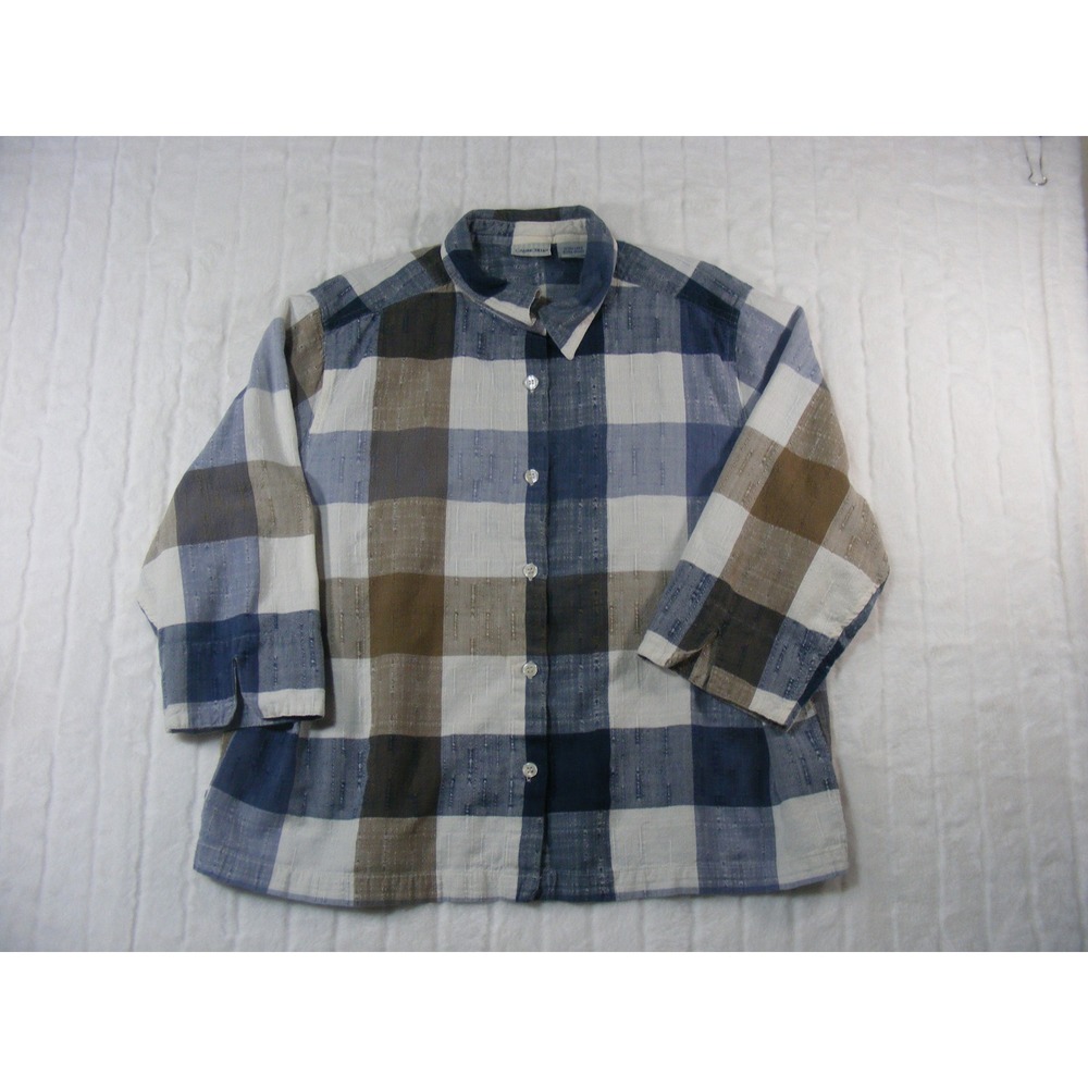 Cabin Creek Button Down Women XL Blue Brown Excellent Plaid 3/4 Sleeve Cotton